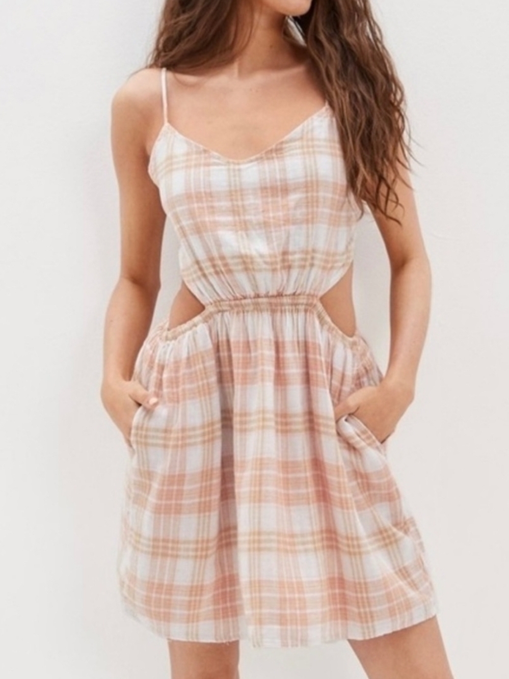American Eagle Outfitters Peach Plaid Cutout Mini Dress